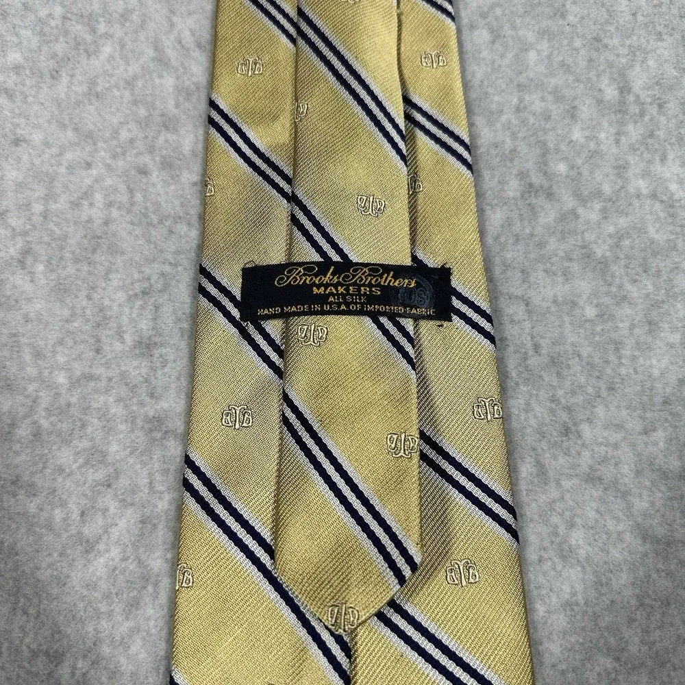 Brooks Brothers Silk Repp Tie Gold Navy Blue Striped Logo Embroidery Made In USA